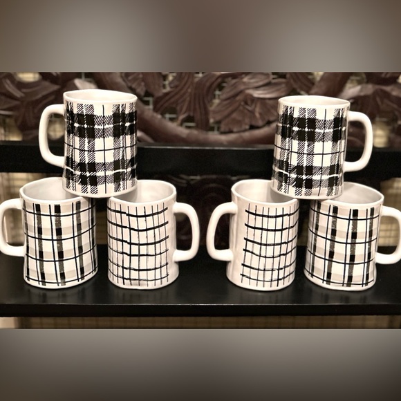 NEW Set of 6 Farmhouse Black & White Plaid Ceramic Coffee Tea Cups Mugs - Picture 11 of 15
